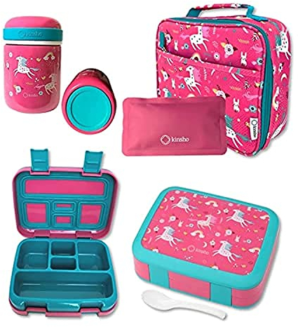 Kinsho Bento Box with Thermos, Stainless Steel Food Jar for Hot-Cold Food or Soup, Insulated Lunch Bag, and Ice Pack Set for Kids or Toddlers. Ages 3 to 7, Pink Unicorn