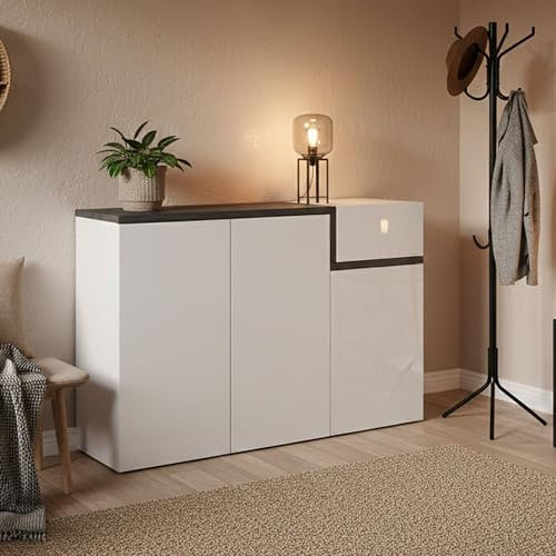 Dmora - Étagère à chaussures Steve, Meuble polyvalent avec 3 portes et 1 porte abattante, Étagère à chaussures d'entrée, 100% Made in Italy, 120x40h80 cm, Blanc brillant et ardoise
