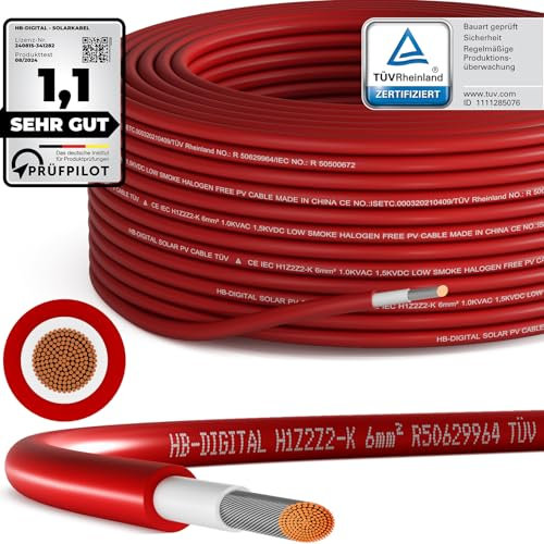 HB-DIGITAL 50m Solarkabel H1Z2Z2-K - TÜV Rheinland zertifiziertes - 6mm² flexibel UV witterungsbeständig PV Kabel reines Kupfer 1500V DC für Solarpanel Wechselrichter Photovoltaik - Rot