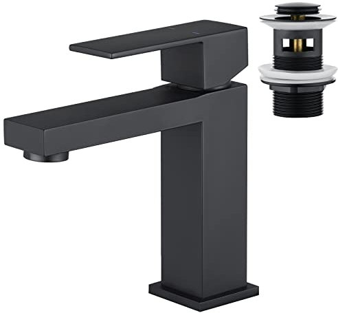 Faustina Waschtischarmatur Bad für Waschbecken eckig mit Pop-Up Ablaufgarnitur, Einhebelmischer Armatur Wasserhahn für Badezimmer, Waschbeckenarmatur Badarmatur, Edstahl Schwarz matt