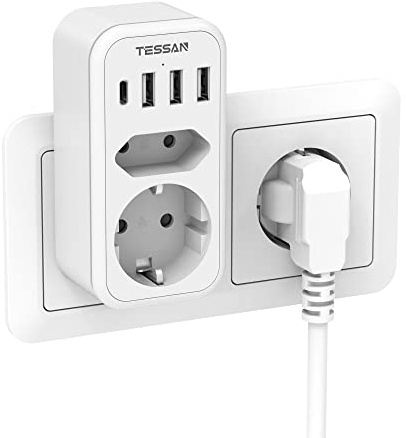 TESSAN USB Eluttag 2 Vägs Multikontakt, Vägguttag USB med 3 USB och 1 USB C Laddare Adapter (3 A), 6 i 1 3600W USB Uttag 3 Vägs, Grenuttag USB, Väggladdare Kompatibel med Telefon, Bärbar Dator