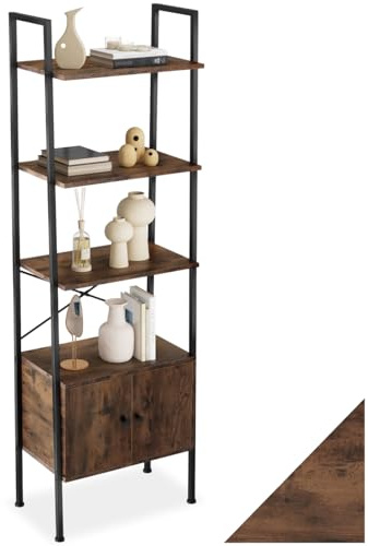 tectake® Industrial Leiterregal mit 4 Ebenen + Schrankfach, Regal schmal 57,5x34x173cm, Bücherregal Wand, als Raumteiler Regal, Küchenregal Wand, Nischenregal, Bookshelf - Industrial Dunkelbraun