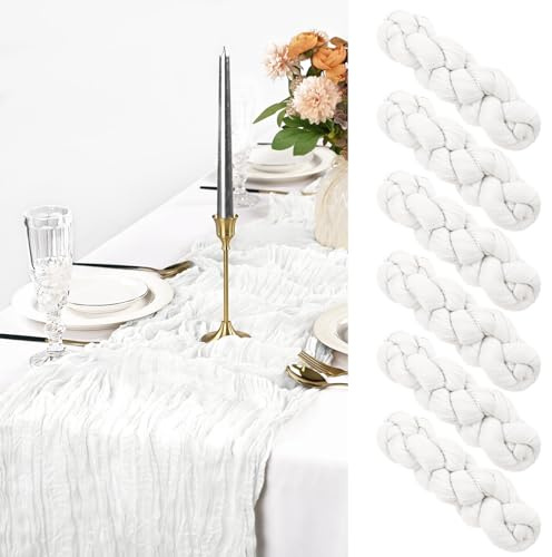 Pesonlook 6 Stück Weiß Käsetuch Tischläufer Lang, 90 x 300 cm | 3 m lang, Rustikaler Gaze Stoff Boho halbtransparent Hochzeits Seihtuch Tischläufer für Hochzeit, Party, Brautparty，Bankett