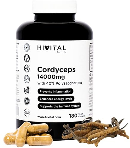 Cordyceps 14000 mg. 180 cápsulas veganas para 3 meses de tratamiento. Cordyceps Sinensis CS-4 con 40% Polisacáridos. Extracto Natural de Hongo Cordyceps. Fabricado en España por HIVITAL