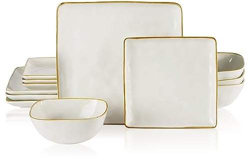 Famiware Dinnerware Sets for 4, Ocean Square 12-Piece Kitchen Plates and Bowls Sets, Microwave and Dishwasher Safe, Scratch Resistant, Vanilla White