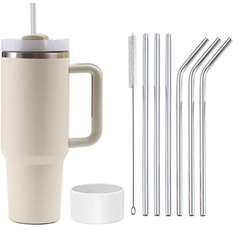Moollyfox 1200 ml Doppelwandiger Vakuum Isolierbecher mit Griff Upgrade Kaffeetasse Becher 40 oz Reisebecher Autobecher Thermobecher mit Strohhalm aus Edelstahl und Silikonabdeckung Beige