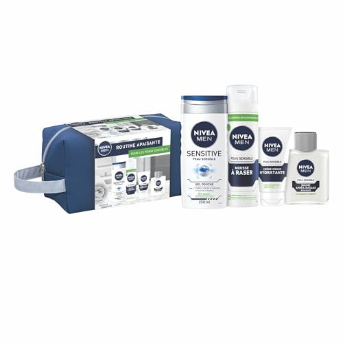 NIVEA MEN Trousse Sensitive (1 x 1 pce), Trousse de toilette contenant 4 produits pour homme à la peau sensible, Set de bain contenant une routine visage et corps