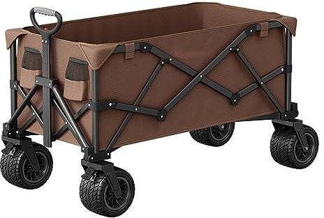 WRJAHCG Kaffeefarbe Bollerwagen Faltbar,Faltbar Garten Handwagen Breite Reifen Transportwagen Mit Verstellbarem Griff Offroad-Räder Mit Bremsen Campingwagen Campingwagen