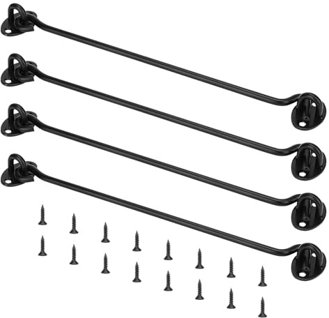 MANCHAP 4 Stück Sturmhaken mit Öse Edelstahl Schwarz Kabinenhaken und Ösenriegel,Torriegelhaken mit Schrauben für Fenster, Schuppen, SchrankHakenlänge 265 mm