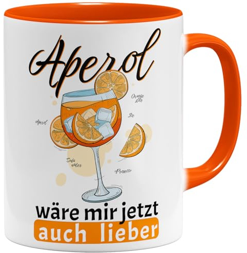 OM3® lustige Aperol Kaffee-Tasse mit Spruch - Aperol wäre mir jetzt auch lieber - Sommer Cocktail Geschenk Idee Büro - Keramik Becher (325ml) Beidseitig Bedruckt - Orange