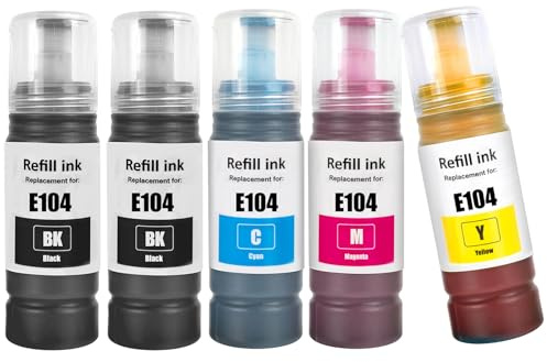 TOPRINT E104 Bouteilles d'encre 5 Color Multipack Compatible pour ET-2710 ET-2711 ET-2712 ET-2714 ET-2715 ET-2720 ET-2721 ET-2726 ET-2810 ET-2811 ET-2812 ET-2814 ET-2815 ET-2820 ET-2821 Imprimantes