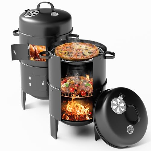 DKIEI Charcoal Smoker BBQ Grill, Portable Outdoor Barbeque Grill with Lid Cover, Adjustable Air Vents & Built-in Thermometer, 4-in-1 Barbecue Grill Smoker for Backyard Camping Party Outdoor Cooking
