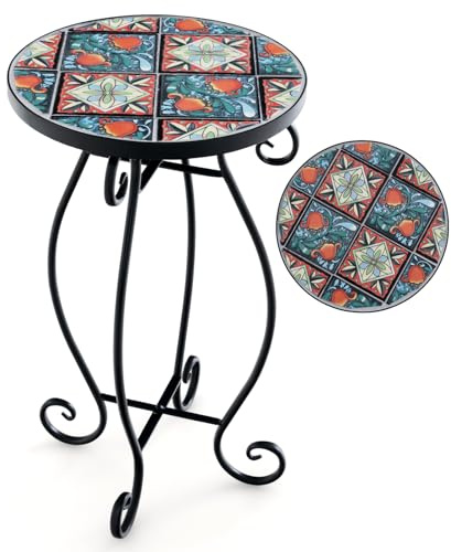 GOPLUS Mesa auxiliar de mosaico, mesa auxiliar redonda con bandeja de baldosas y marco de metal resistente, soporte para plantas, apto para balcón, terraza, jardín, 30 x 30 x 50 cm (multicolor)