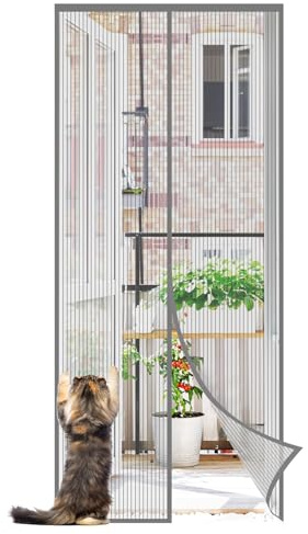 Sekey Fliegengitter Balkontür Magnet | Insektenschutz Tür/Balkontür | Ohne Bohren, Klett-Magnet-Montage | Katzensichere Verstärktes Polyester Anti-Reiß | Verbreitertes Klebeband |100x210 cm Grau