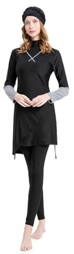 Women Modest Muslim Swimsuits Islamic Arabic Swimwear Burkini Tankini Sets Womens Long Sleeve Top Pants with Hijab Swim Cap Wetsuit 3 Piece Rashguard Surfing Beachwear Bathing Suits Black Gray M