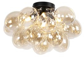 QAZQA - Art Deco Smarte Deckenleuchte I Deckenlampe I Lampe I Leuchte schwarz mit Bernstein-Glas inkl. 4-flammig WiFi G9 - Uvas Dimmer I Dimmbar I Wohnzimmer I Schlafzimmer - Kugel I Kugelförmig - LED