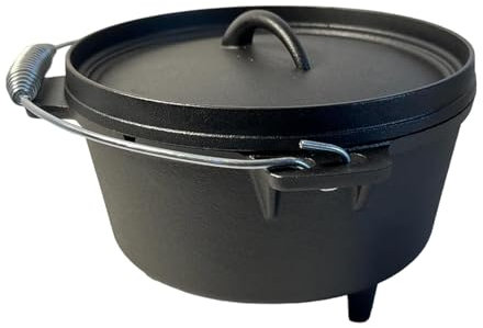 Dremdo Casserole en Fonte avec Couvercle pour La Cuisson De Camping en Plein Air, Néerlandais Four Barbecue Tripode Spirale Poignée en Fonte pour Tous Les Types De Cuisinières,Noir
