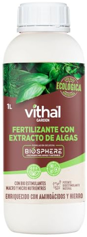 VITHAL Fertilizante Con Extracto De Algas Biosphere 1L - Estimulador Del Crecimiento De Plantas, Corrige La Clorosis Férrica, Aporta Fitohormonas Naturales Y Vitaminas, Solución Sostenible