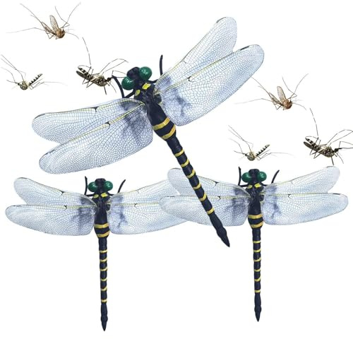 Dranng Libellenfigur, 3 Stück Realistische Vogelschreck, Libellenfigur Kunst, Libellenornament Modell, PVC-Simulation, Libellentiermodell für Gartenfarm im Freien