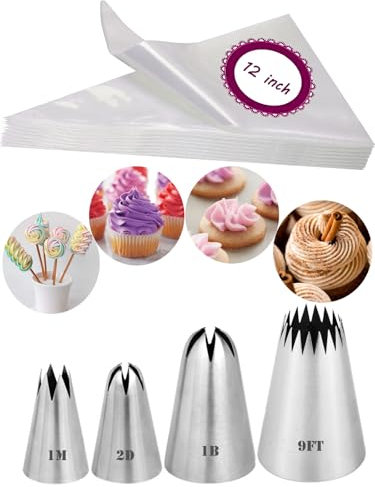 Extra Large Icing Nozzles and Piping Bags, 9FT 1B 2D 1M Piping Nozzle with Bags Disposable,Cake Cupcake Decorating Kit for Pastry
