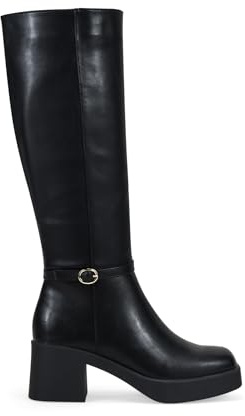 BOSANOVA Botas altas con tacón con tira decorativa con hebilla, acabado cuadrado y suela de plataforma de 2 cm con tacón cuadrado de 6.5 cm. Cierre con cremallera interior. Calzado para mujer NEGRO 37