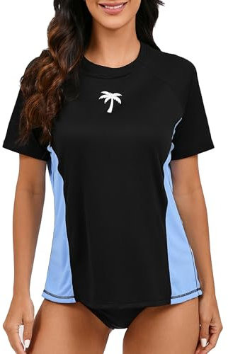 Halcurt Damen Rash Guard Kurzarm mit BH UV Shirt Sonnenschutz UPF 50+ Surf Schwimmshirt Schnell Trocknender Badeshirt M