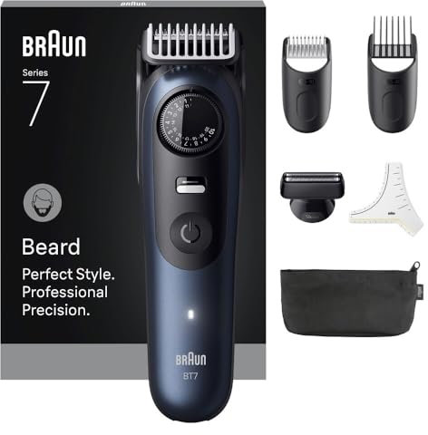 Braun Barttrimmer Serie 7, +6 Zubehörteile, Lebenslang scharfe ProBlade-Klinge, Bis zu 120 Min Akkulaufzeit, 40 Längeneinstellungen, Wasserdicht, Präzisionsrad & Feststelltaste, BT7520, Blau