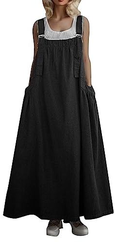 Vhersily Salopette da Donna Vintage Classica con Bretelle, Maxi gonne in Denim Lavato Gonna Lunga Bretelle Denim Allentato retrò Abito Lungo Plissettato