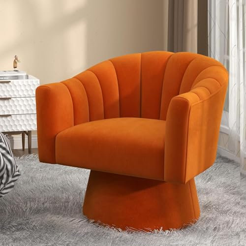 VANTEN Drehsessel Wohnzimmer mit Samt – 360° Drehbarer Sessel mit weicher Polsterung, Runder Armlehnstuhl für Schlafzimmer & Büro | Lesesessel mit Armlehnen(Orange)