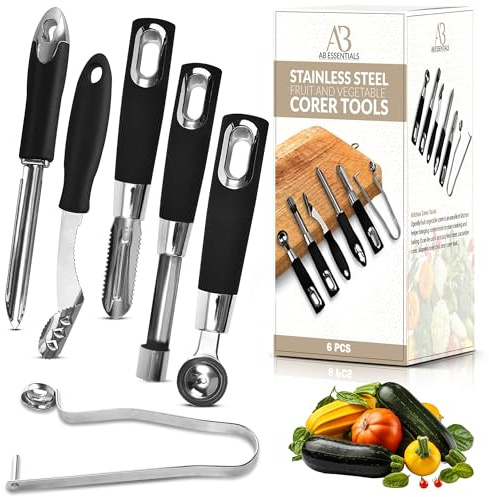 Fruit and Vegetable Corer Set – 6 PCS Stainless Steel Apple Corer, Jalapeno Tool, Melon Baller, Pepper Corer Seed Remover Tool, Pineapple Tomato & Zucchini