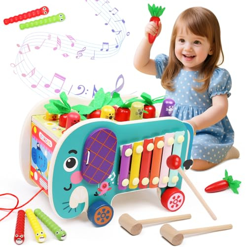 wotoyd Montessori Spielzeug ab 1 Jahr, Hammerspiel Xylophon Motorikspielzeug Angelspiel Spielzeugkiste, Holzspielzeug Kinderspielzeug Lernspielzeug Mädchen Jungen Geschenk ab 1 2 3 Jahre