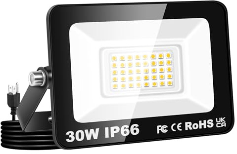 Willpower Faretto LED Esterno 30W 3000LM, Faro LED con Spina 3000K Bianco Caldo IP66 Proiettore Luce di Sicurezza a Illuminazione per Garage Giardino Cortile Patio Piazza Officina