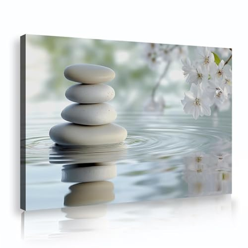 YUNART Spa Stone Wall Art Piedra Gris con Flor de Cerezo del Océano Cuadros Florales Rosas en Lienzo Arte Moderno Spa para Sala de Estar Listo para Colgar 40x60cm Marco Interior