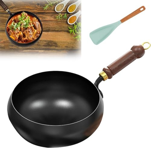 Keoepro Artisan Cocotte en fonte non émaillée avec couvercle en bois forgée à la main antiadhésive pour faire mijoter à haute chaleur (sans couvercle, 24 cm)