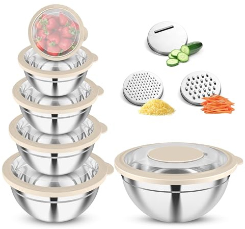 Joyfair Juego de 6 cuencos para mezclar de acero inoxidable con tapa transparente y 3 accesorios ralladores, 4,5 L, 2,7 L, 2 L, 1,5 L, 1,2 L, 0,7 L, ensaladera para cocinar, apilar y apto para