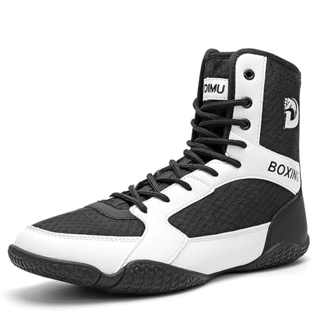 Boxningsskor herr brottning skor tonåring muay thailändsk kickboxing sparring boxers tränare kampsport skor ventilerad bodybuilding boxning stövlar 36–46, Svart och vit 012, 45 EU