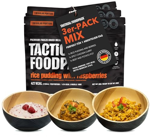 Tactical Foodpack 1-Day-Mix-Set, Gefriergetrocknetes Essen, Outdoor | Beef Pot, Rice Pudding, Chicken Curry, Mahlzeiten für Camping, Notfallrucksack, Survival Kit, Frühstück bis Abendessen