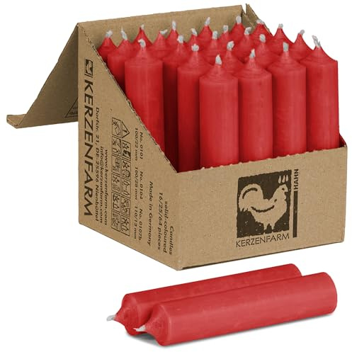 Kurze Stabkerzen 100 x 22 mm durchgehend gefärbt - Spitzkerzen aus Deutschland - Kerzenfarm Hahn - Unparfümierte und RAL-Zertifizierte Tafelkerzen (25, Rot)