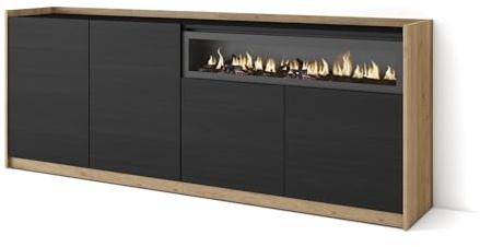 Skraut Home | Sideboard, Highboard | Kommode, Komodenschrank | 207x80x37 cm | 4 Türen | Elektrokamin. | Moderner Stil | Schwarz Eiche