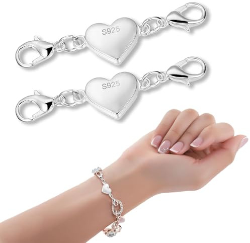 2 Pcs Bracelet Clasps Heart Lobster Clasps, Safety Chain for Bracelet | Secure Magnetic Necklace & Bracelet Closure, Double Sided Bracelet Clasps for Jewelry Making