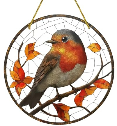 Robin Suncatcher for Windows & Garden,2D Stained Glass Effect Hanging Ornament,20x20cm Outdoor Heart Shape Decoration, for Bird Enthusiasts and Women,Colorful Acrylic Bird Ornaments