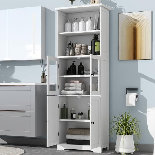Armoire haute de salle de bain - Blanc laqué - 160 cm - En MDF - Avec porte en verre et compartiments ouverts - Grand espace de rangement pour salle de bain et salon