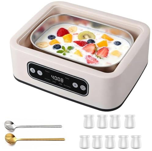 Yogurtiera 1,6L, Yogurtiera Automatica con Display LED, Temperatura & Timer Regolabili, Macchina per Yogurt Probiotico con 9 Vasetti in Vetro & 2 Cucchiai per Uso Domestico