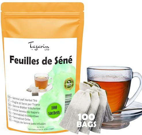 Tisane de Feuilles de Séné, 100 Sachets de Tisane, Thé de Séné - Puissant Purgatif, Laxatif Naturel - Favorise le Transit Intestinal et le Nettoyage du Colon - Tisane Detox - Tazarin Ltd