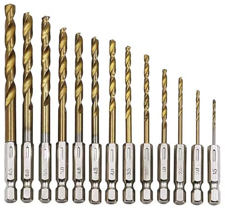 Ensemble de 13 Forets Hexagonaux en Acier à Haute Vitesse avec Revêtement de Titane pour Perçage Précis du Bois, Métal et Plastique - Tailles Variées de 1,5 mm à 6,5 mm pour Applications Polyvalentes