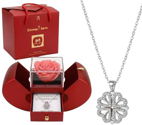 Shilohique Preserved Real Rose Gift for Girlfriend, Mum, Wife, Eternal Flower Rose with I Love You Necklace in 100 Languages, Gift for Her on Birthday, Mother's Day, Anniversary, Christmas