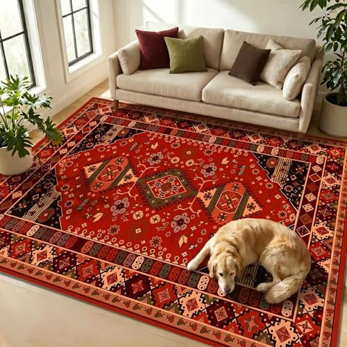 WUTONG Tapis de Salon 80x120 cm Rouge Lavable en Machine,Tapis de Couloir Oriental Antidérapant pour Descente de Lit et Bureau,Design Classique Chic