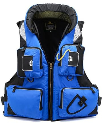 Chaleco de Seguridad Hombres Mujeres Ajustable Alta flotabilidad Diseño portátil Ligero con Bolsa Pesca múltiples Bolsillos para Natación Kayak Paddle Surf Lago Río(Blue,L)