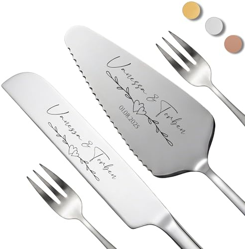 SMARTEON Let's Eat Cake Cake-Server Set mit Tortenmesser und Personalisierter Gravur – Geschenke für Brautpaar, Geburtstag, Jubiläum,Konfirmation,Kommunion, Muttertag (Silber+Gabeln, Name 1)