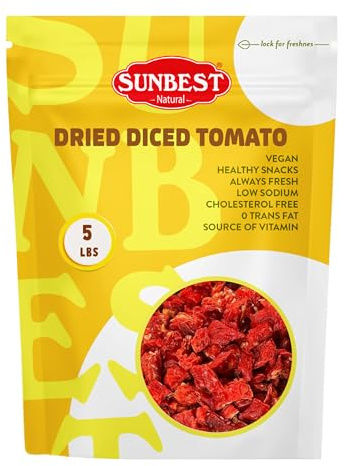Sunbest Natural Diced Sun-Dried Tomatoes – 5 lb Bulk Bag (80 oz) – Intense & Zesty Flavor – Non-GMO, Vegan, Kosher – Moist, Ready to Eat – Perfect for Snacking, Cooking & Baking